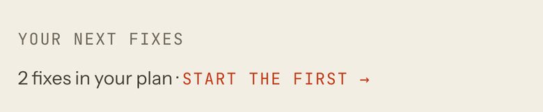 Your next fixes folded to one line after adding: 2 fixes in your plan, Start the first. Phone view.