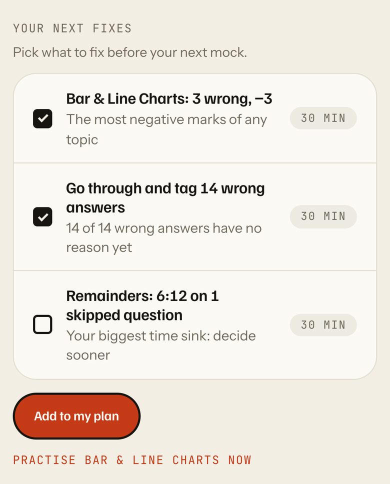 Your next fixes with one of the three rows unticked before adding them to the plan. Phone view.