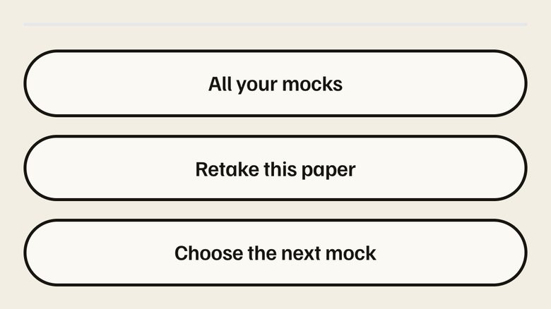 Three buttons at the foot of every view: All your mocks, Retake this paper, Choose the next mock. Phone view.