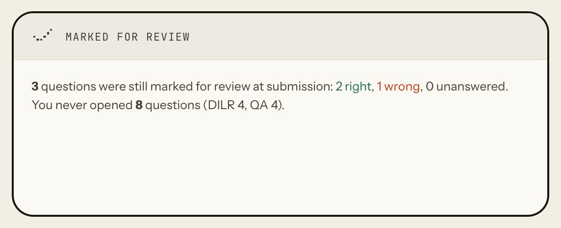 Marked for review: 3 questions still marked at submission, 2 right, 1 wrong, 0 unanswered; 8 questions never opened (DILR 4, QA 4). Laptop view.