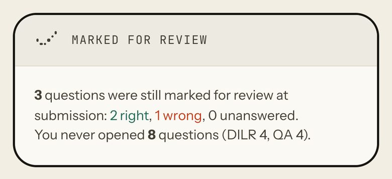 Marked for review: 3 questions still marked at submission, 2 right, 1 wrong, 0 unanswered; 8 questions never opened (DILR 4, QA 4). Phone view.