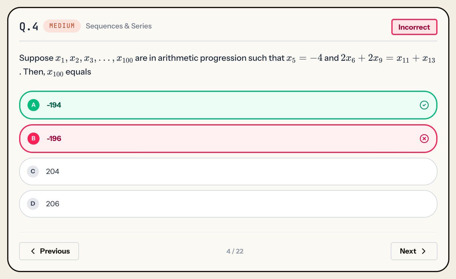 Solutions, QA Q.4, medium, Sequences and Series, Incorrect: option A -194 in green as the right answer, option B -196 in red as the pick. Laptop view.