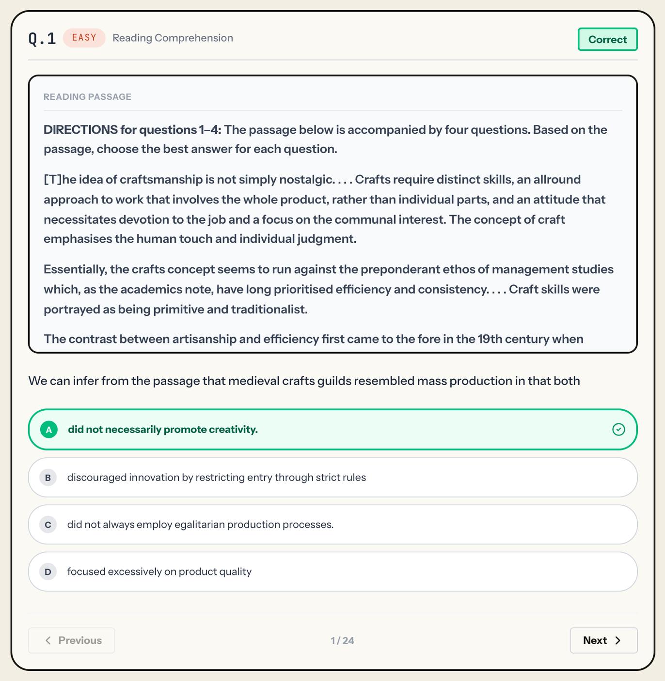 Solutions, VARC Q.1, easy, Reading Comprehension, Correct: the passage, the question and four options with the right one in green. Laptop view.