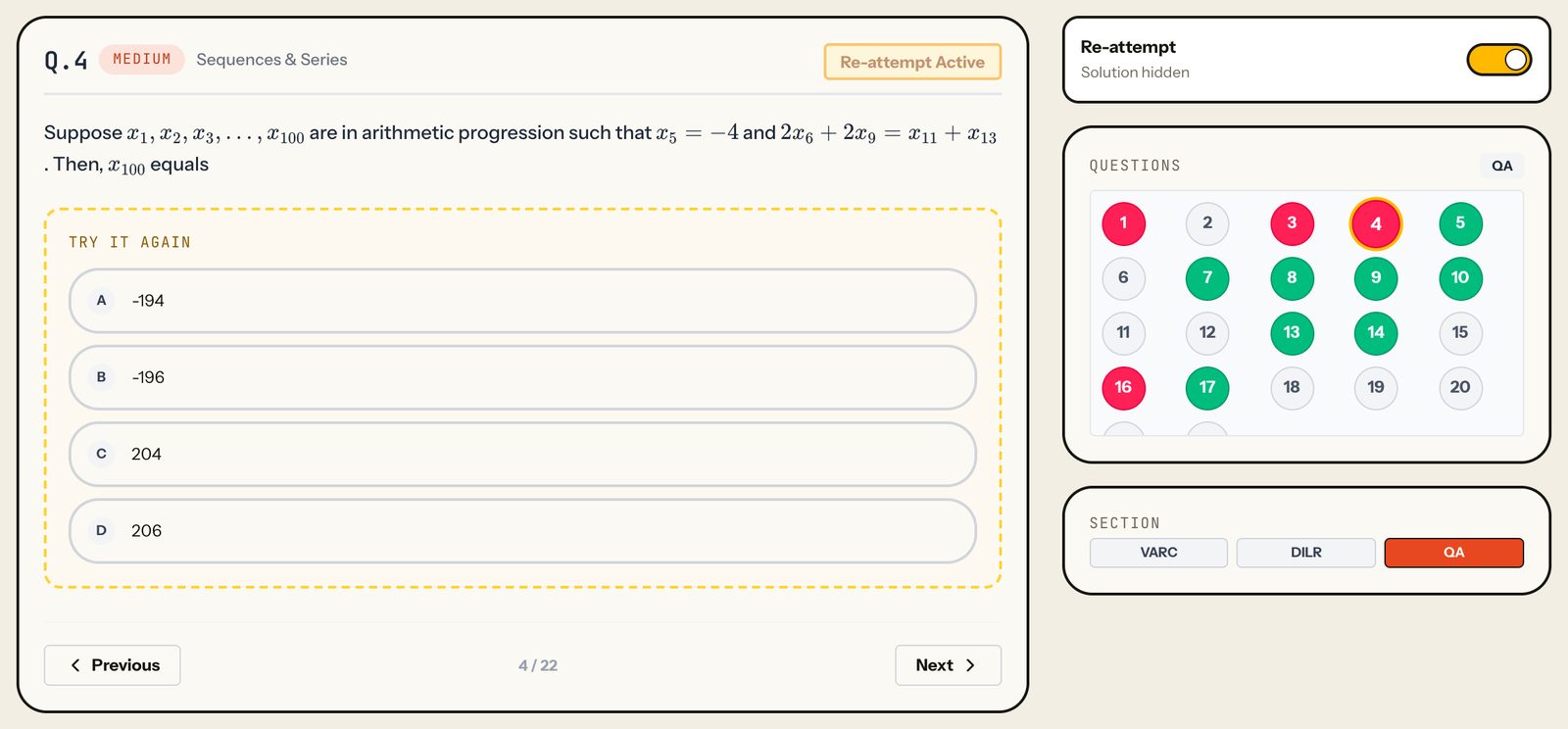 Re-attempt on for QA Q.4: Re-attempt Active, Try it again, no option picked. Laptop view.