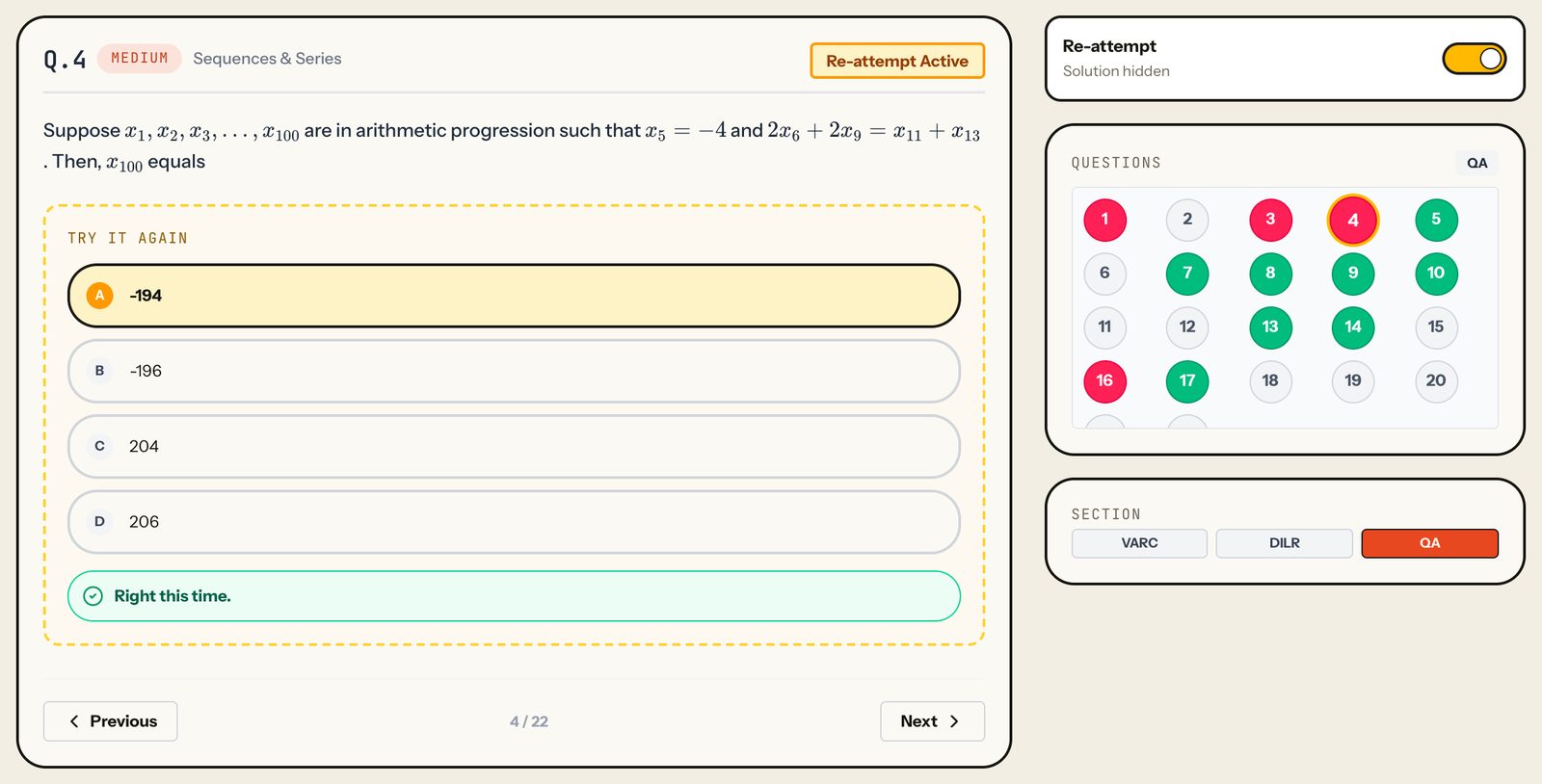 Re-attempt on QA Q.4 with option A picked: Right this time. Laptop view.