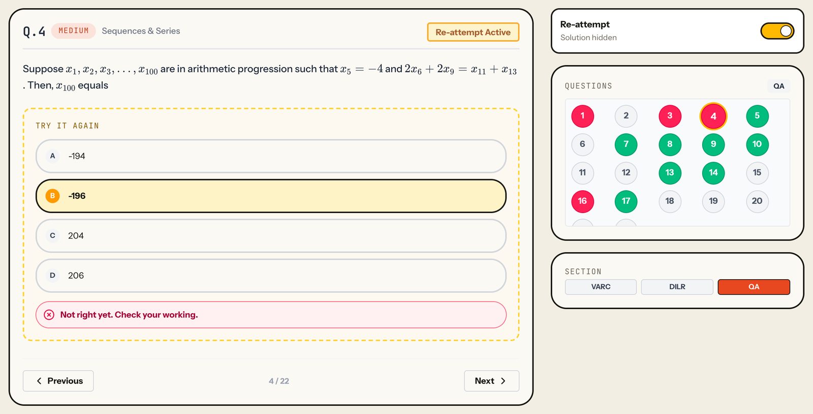 Re-attempt on QA Q.4 with option B picked: Not right yet. Check your working. Laptop view.