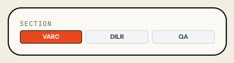 The Section switch in Solutions: VARC, DILR, QA, with VARC selected. Laptop view.