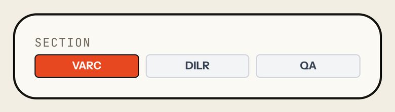 The Section switch in Solutions: VARC, DILR, QA, with VARC selected. Phone view.