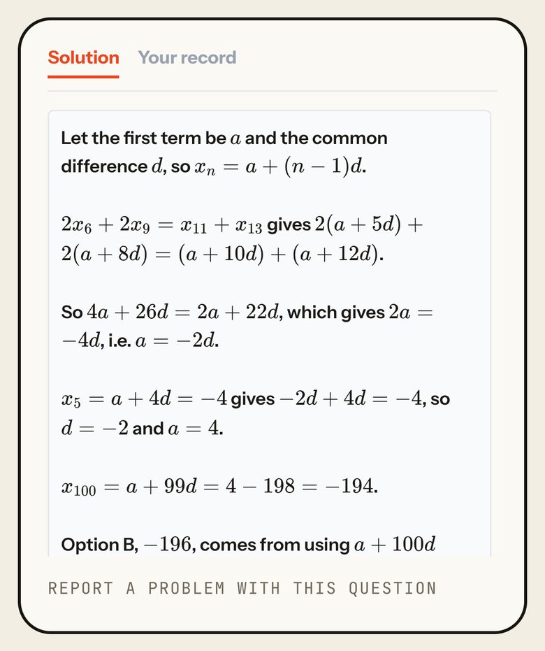 The worked solution for QA Q.4, step by step to x100 = -194, and why option B is a trap. Phone view.
