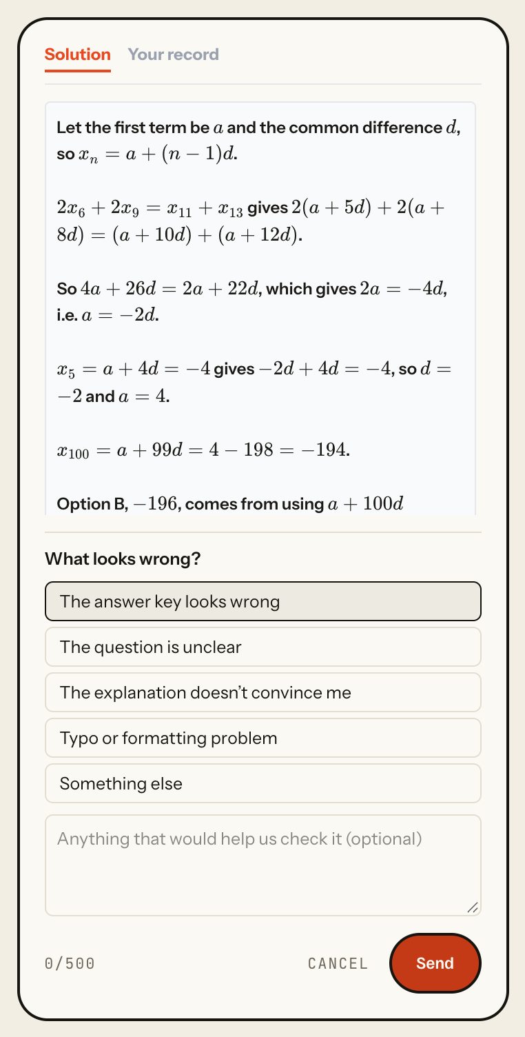 Report form open under the solution: What looks wrong, with The answer key looks wrong picked, an optional note of up to 500 characters, Cancel and Send. Laptop view.