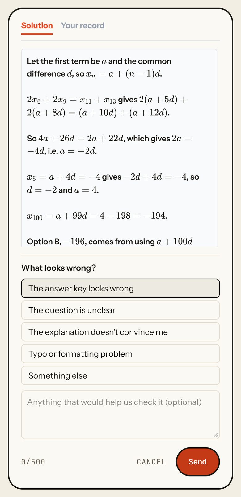 Report form open under the solution: What looks wrong, with The answer key looks wrong picked, an optional note of up to 500 characters, Cancel and Send. Phone view.