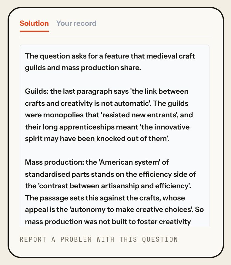 The Solution tab for VARC Q.1: the worked solution and a Report a problem with this question link. Laptop view.
