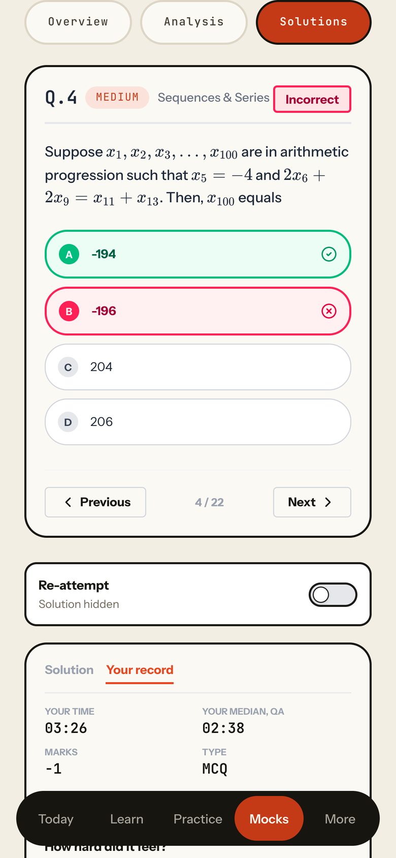 Solutions opened from a Wrong answers row, at that question with Your record showing. Phone view.