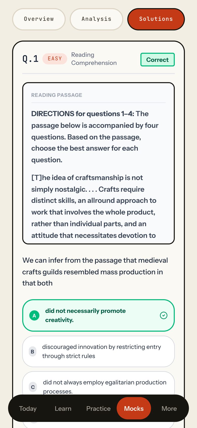 The Solutions tab open at VARC question 1 with its passage and options. Phone view.