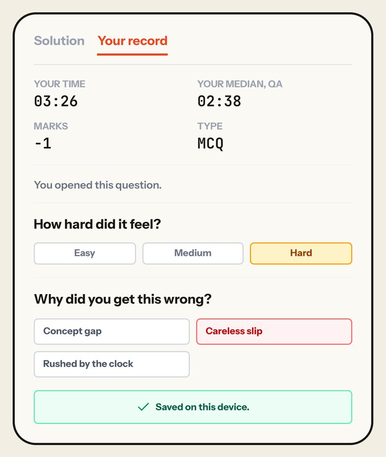 Your record for QA Q.4 with Hard and Careless slip chosen: Saved on this device. Phone view.